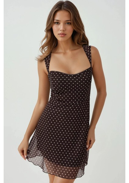 Kadın Kalp Yaka Puantiyeli Mini Tül Elbise Kahve Kahvesi