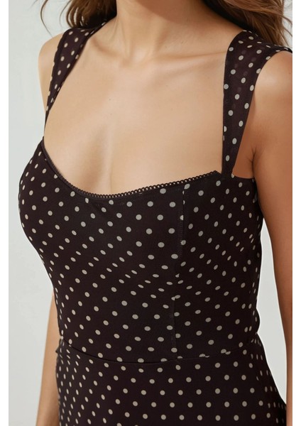 Kadın Kalp Yaka Puantiyeli Mini Tül Elbise Kahve Kahvesi