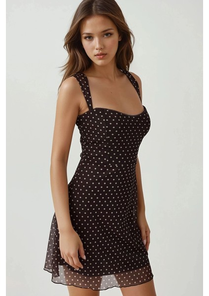 Kadın Kalp Yaka Puantiyeli Mini Tül Elbise Kahve Kahvesi
