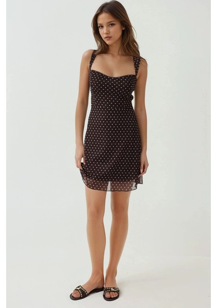 Kadın Kalp Yaka Puantiyeli Mini Tül Elbise Kahve Kahvesi