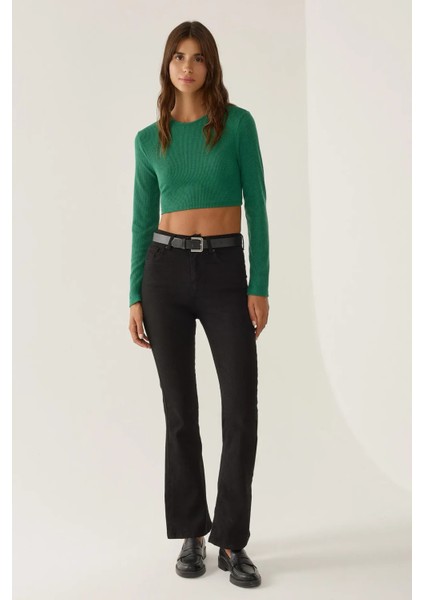 Kadın Slim Fit Örme Crop Bluz Green