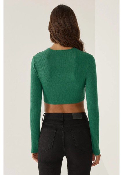 Kadın Slim Fit Örme Crop Bluz Green