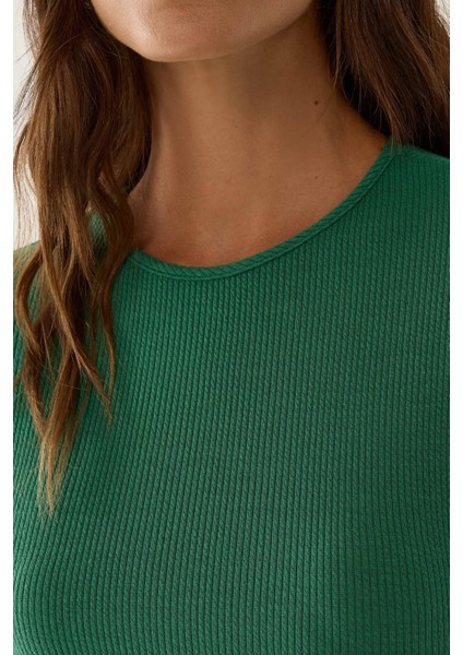 Kadın Slim Fit Örme Crop Bluz Green