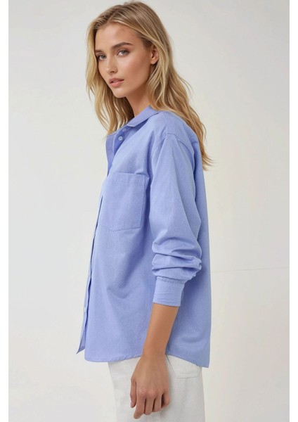 Kadın Regular Fit Uzun Kollu Keten Karışımlı Gömlek Blue