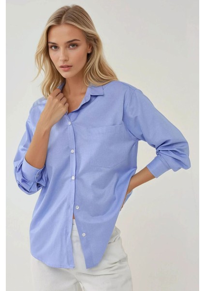 Kadın Regular Fit Uzun Kollu Keten Karışımlı Gömlek Blue
