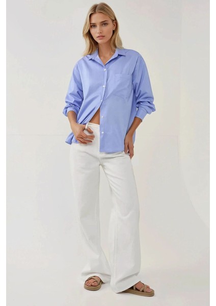 Kadın Regular Fit Uzun Kollu Keten Karışımlı Gömlek Blue