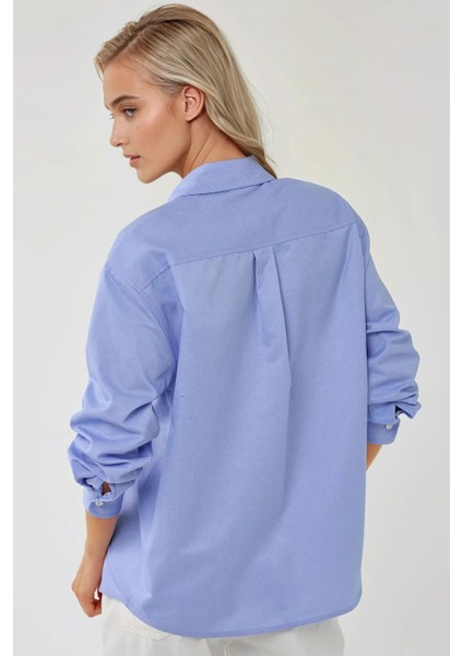 Kadın Regular Fit Uzun Kollu Keten Karışımlı Gömlek Blue