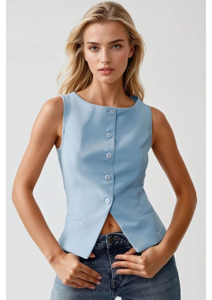 Kadın Düğme Detaylı Kolsuz Bisiklet Yaka Yelek Blue