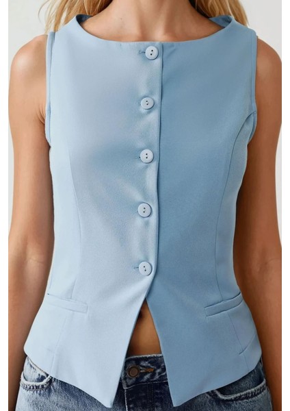 Kadın Düğme Detaylı Kolsuz Bisiklet Yaka Yelek Blue