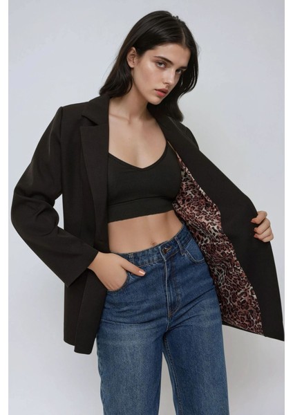 Kadın Leopar Astarlı Blazer Ceket Siyah