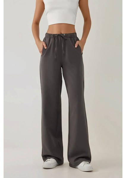 Kadın Wide Leg Dokulu Örme Pantolon Koyu Gri