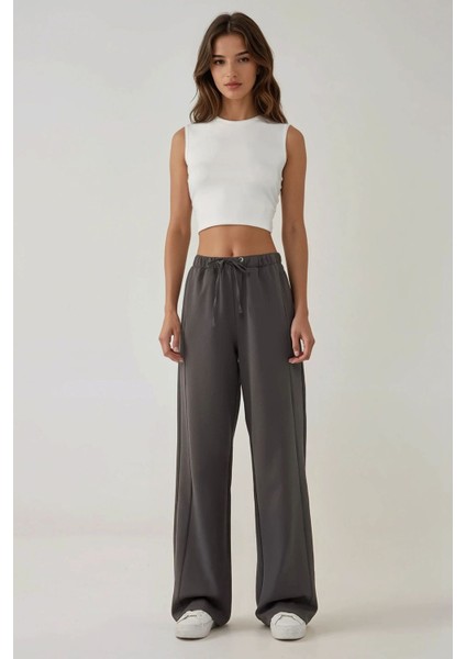 Kadın Wide Leg Dokulu Örme Pantolon Koyu Gri
