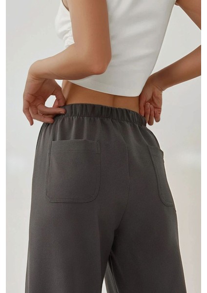 Kadın Wide Leg Dokulu Örme Pantolon Koyu Gri