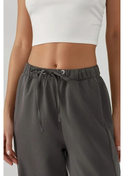 Kadın Wide Leg Dokulu Örme Pantolon Koyu Gri