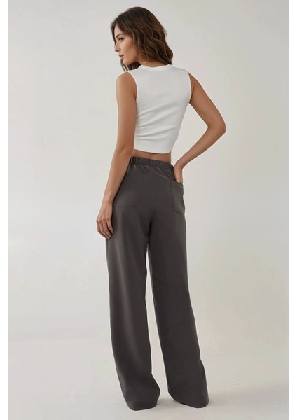 Kadın Wide Leg Dokulu Örme Pantolon Koyu Gri