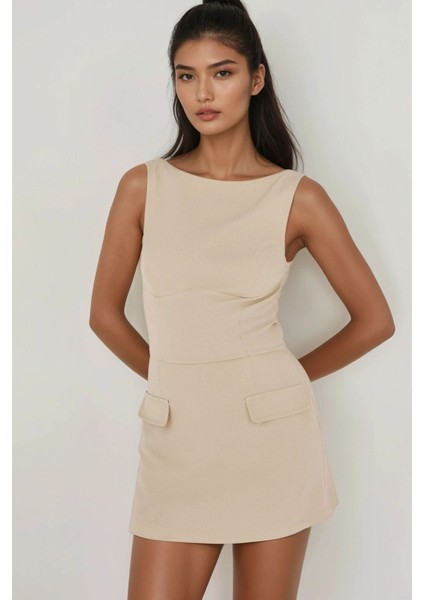 Kadın İçi Şortlu Cep Kapaklı Dar Mini Elbise Natural
