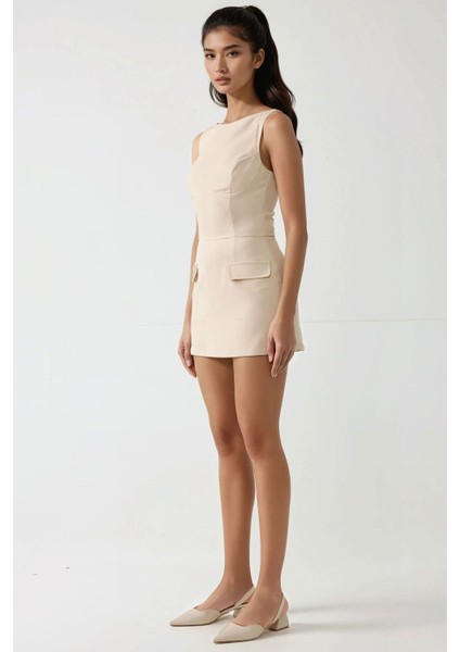 Kadın İçi Şortlu Cep Kapaklı Dar Mini Elbise Natural