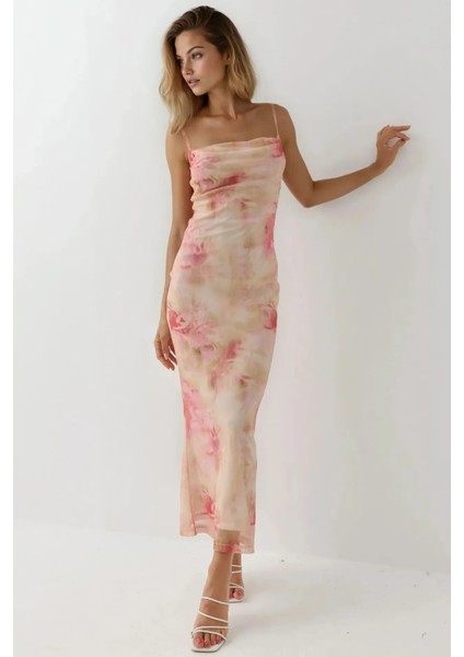Kadın Degaje Yaka Desenli Maxi Tül Elbise Karanfil Pembesi