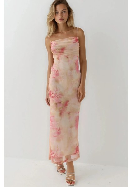 Kadın Degaje Yaka Desenli Maxi Tül Elbise Karanfil Pembesi