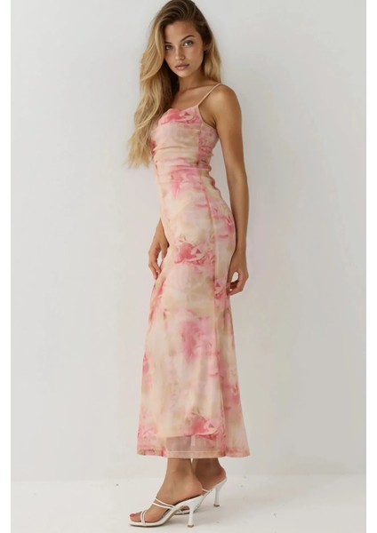 Kadın Degaje Yaka Desenli Maxi Tül Elbise Karanfil Pembesi