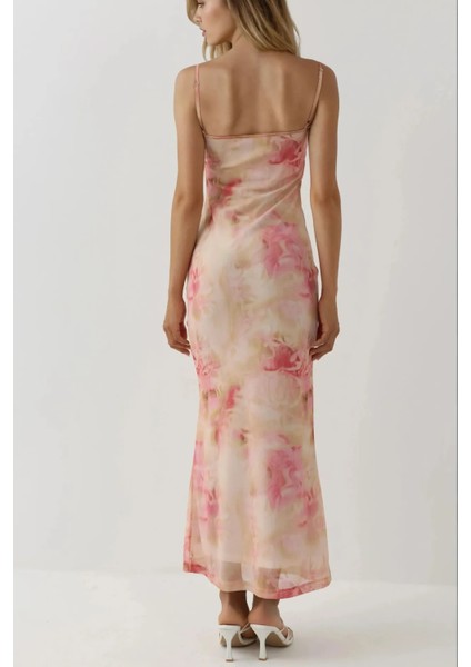 Kadın Degaje Yaka Desenli Maxi Tül Elbise Karanfil Pembesi