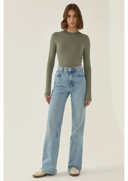 Kadın Dar Kesim Uzun Kollu Bisiklet Yaka Bodysuit Green