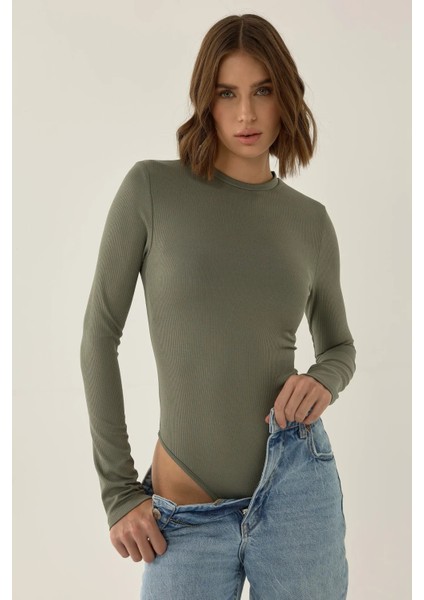 Kadın Dar Kesim Uzun Kollu Bisiklet Yaka Bodysuit Green