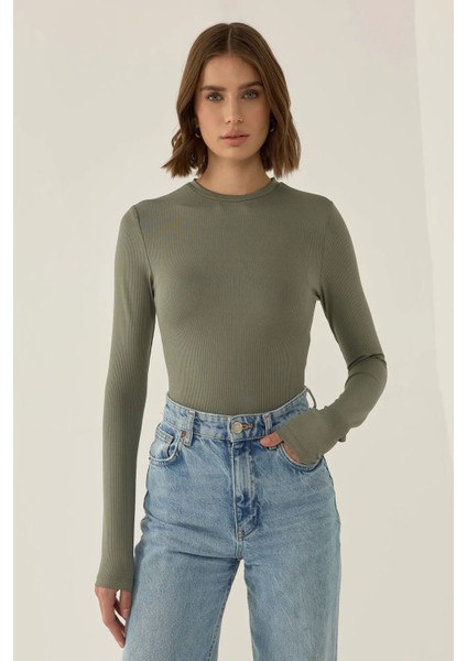 Kadın Dar Kesim Uzun Kollu Bisiklet Yaka Bodysuit Green