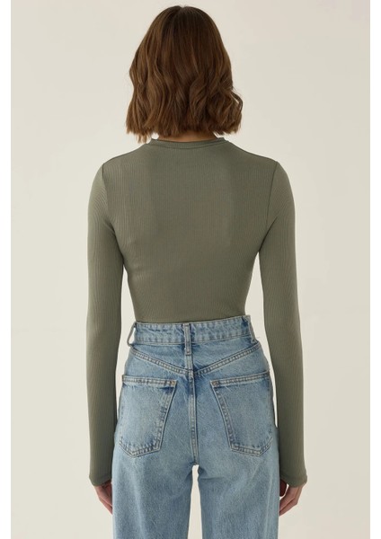 Kadın Dar Kesim Uzun Kollu Bisiklet Yaka Bodysuit Green