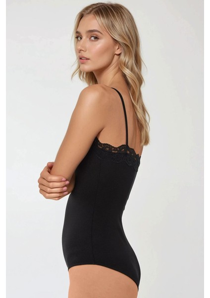 Kadın Dantel Detaylı V Yaka Dar Kesim Bodysuit Black