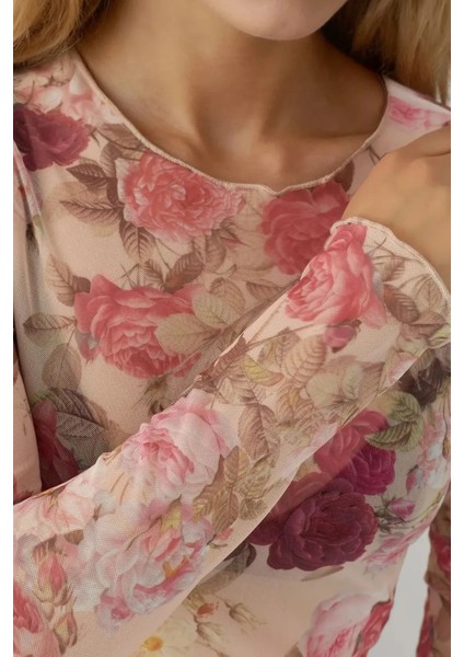 Kadın Desenli Bisiklet Yaka Top Pink