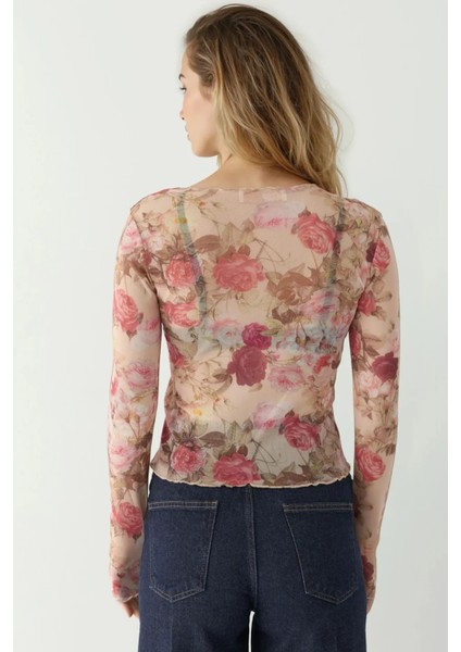 Kadın Desenli Bisiklet Yaka Top Pink