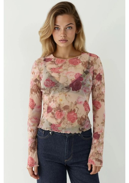 Kadın Desenli Bisiklet Yaka Top Pink