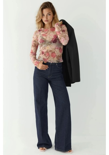 Kadın Desenli Bisiklet Yaka Top Pink