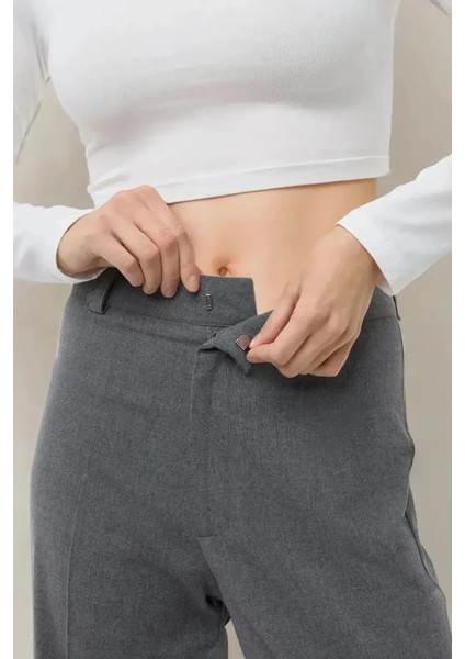 Kadın Beli Kopçalı Dokuma Pantolon Gri