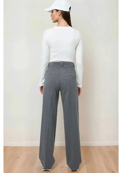 Kadın Beli Kopçalı Dokuma Pantolon Gri