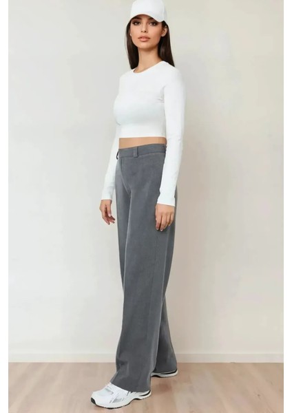 Kadın Beli Kopçalı Dokuma Pantolon Gri