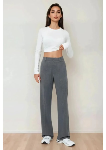 Kadın Beli Kopçalı Dokuma Pantolon Gri