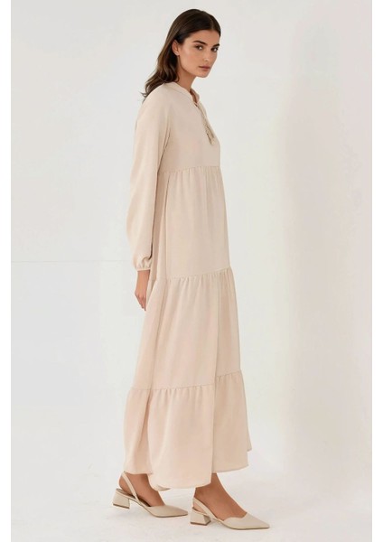 Kadın Düğmeli Desenli Kısa Modest Elbise Natural