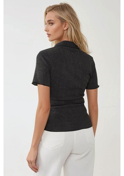 Kadın Dokulu Kısa Kollu Gömlek Yaka Bluz Grey