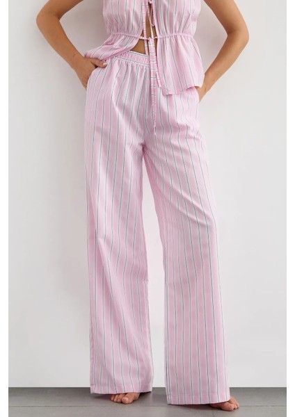 Kadın Lastikli Bel ile Geniş Paça Çizgili Pantolon Pink