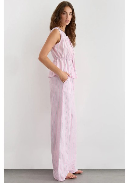 Kadın Lastikli Bel ile Geniş Paça Çizgili Pantolon Pink