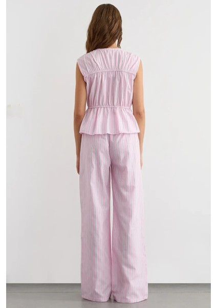 Kadın Lastikli Bel ile Geniş Paça Çizgili Pantolon Pink