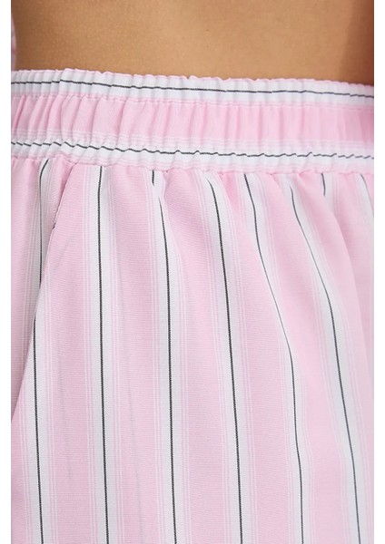 Kadın Lastikli Bel ile Geniş Paça Çizgili Pantolon Pink