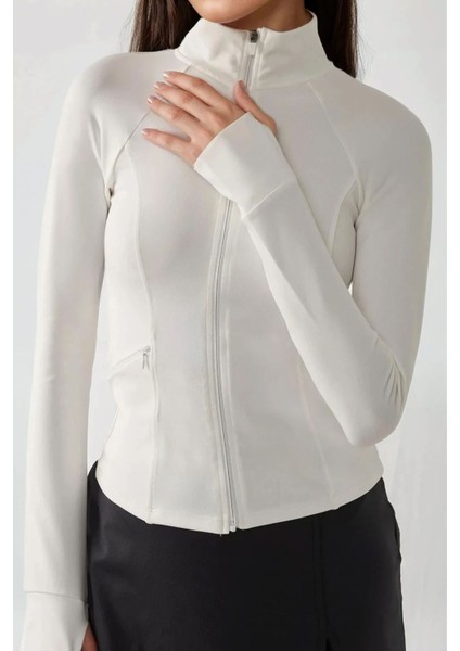 Kadın Dar Kesim Örme Dik Yaka Fermuarlı Aktif Üst Beyaz