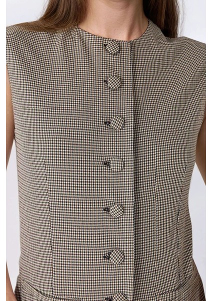 Kadın Kareli Desenli Bisiklet Yaka Yelek Multicolor