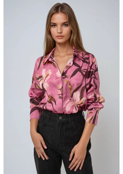 Kadın Saten Çiçek Desenli Uzun Kollu Gömlek Purple