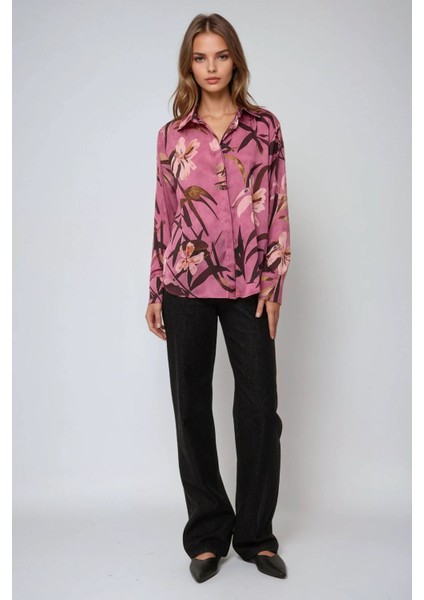 Kadın Saten Çiçek Desenli Uzun Kollu Gömlek Purple