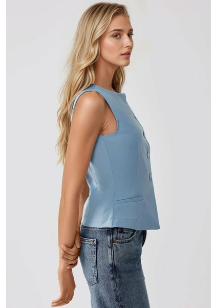 Kadın Düğme Detaylı Kolsuz Bisiklet Yaka Yelek Blue