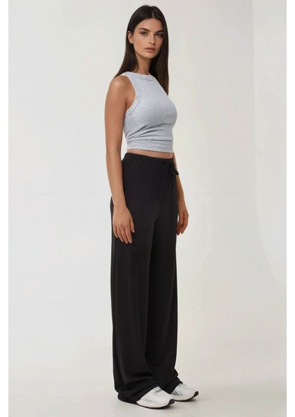 Kadın Wide Leg Beli Lastikli Dokulu Örme Pantolon Black